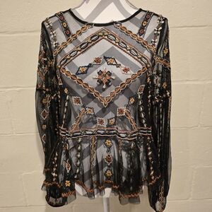 Free People Give a Little Mesh Embroidered Black Peplum Top Large Blouse.